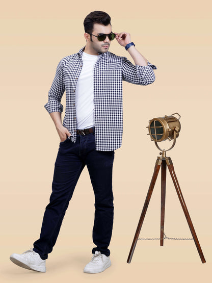 The Weekend Essential: Men's Navy Checkered Cotton Shirt | Smart-Casual & Date-Ready