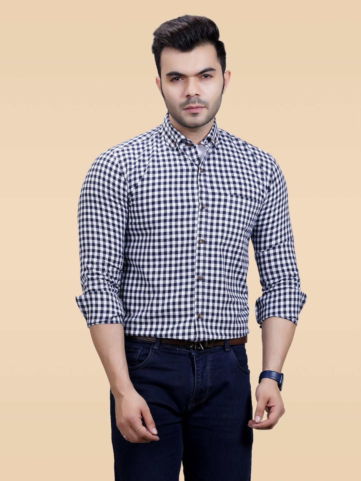 The Weekend Essential: Men's Navy Checkered Cotton Shirt | Smart-Casual & Date-Ready