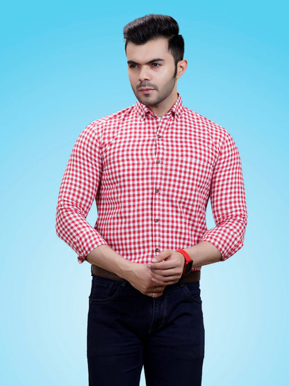The Weekend Essential: Men's RED Checkered Cotton Shirt | Smart-Casual & Date-Ready