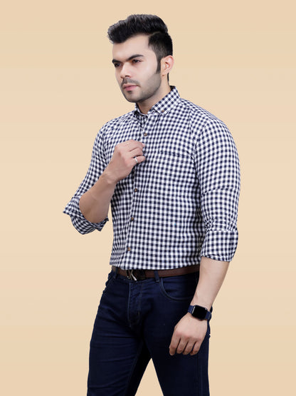 The Weekend Essential: Men's Navy Checkered Cotton Shirt | Smart-Casual & Date-Ready
