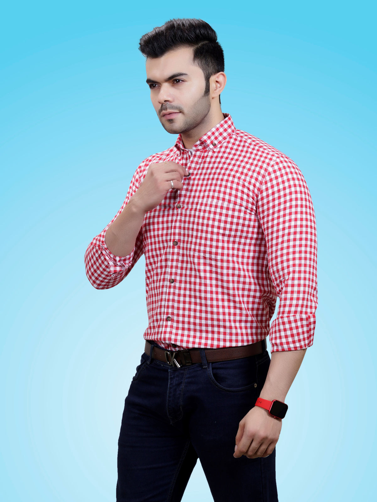 The Weekend Essential: Men's RED Checkered Cotton Shirt | Smart-Casual & Date-Ready