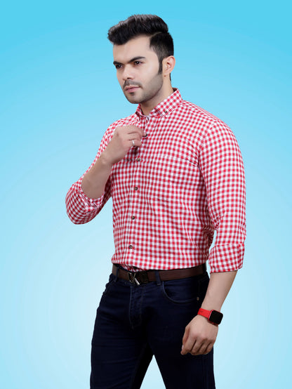 The Weekend Essential: Men's RED Checkered Cotton Shirt | Smart-Casual & Date-Ready