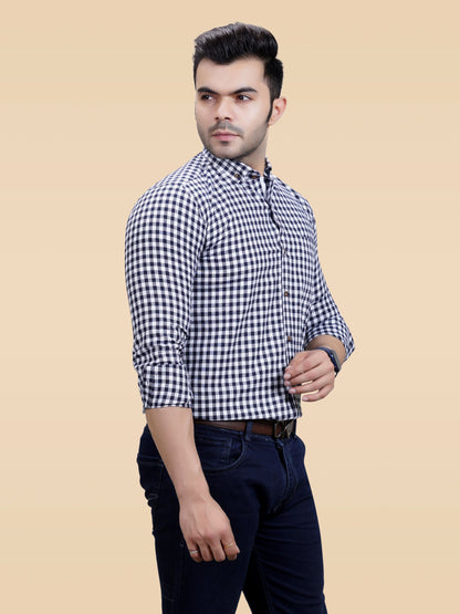 The Weekend Essential: Men's Navy Checkered Cotton Shirt | Smart-Casual & Date-Ready