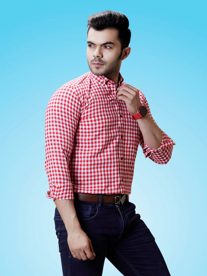 The Weekend Essential: Men's RED Checkered Cotton Shirt | Smart-Casual & Date-Ready