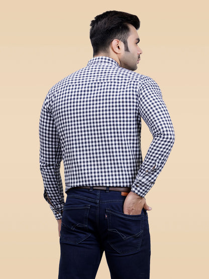 The Weekend Essential: Men's Navy Checkered Cotton Shirt | Smart-Casual & Date-Ready