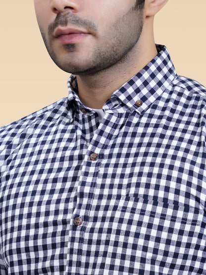 The Weekend Essential: Men's Navy Checkered Cotton Shirt | Smart-Casual & Date-Ready
