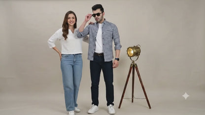 The Weekend Essential: Men's Navy Checkered Cotton Shirt | Smart-Casual & Date-Ready